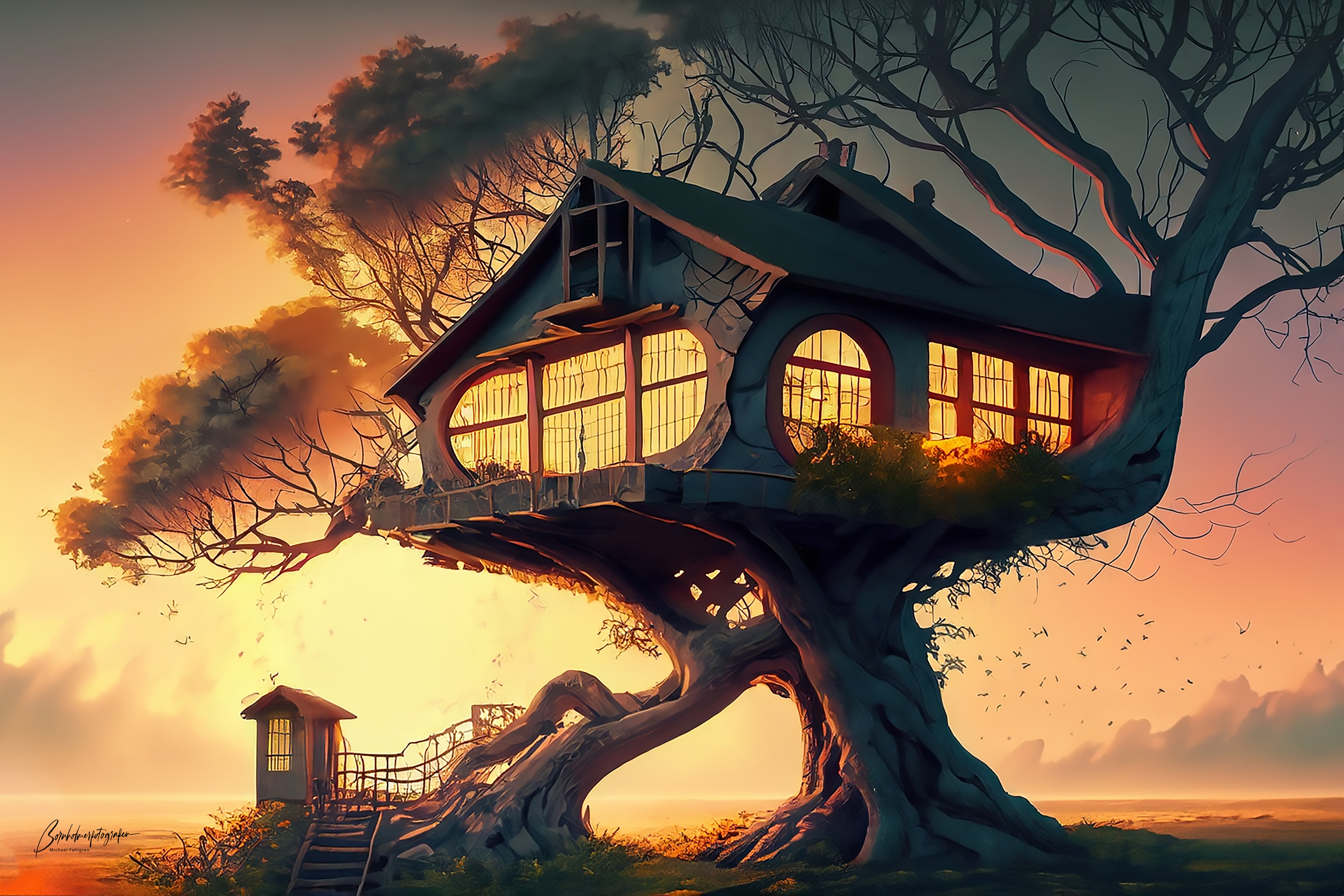 Hus opført i et træ i solnedgang