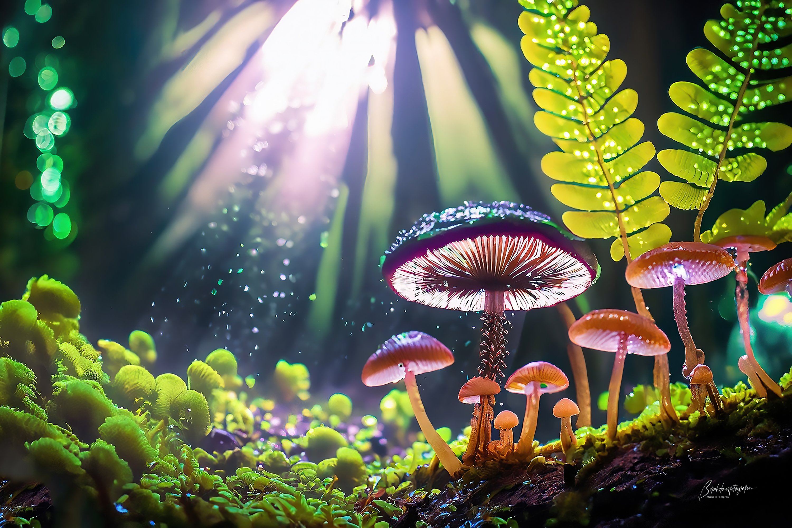Lys skinner ind gennem regnskovens tag på psykedeliske svampe